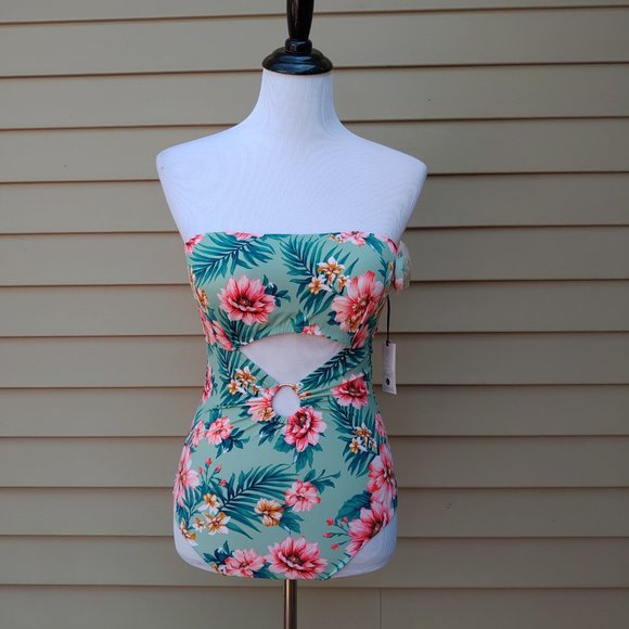 Shade & Shore One-Piece Bikini Green Floral Print NWT Underboob Cut-Out - Picture 3 of 14